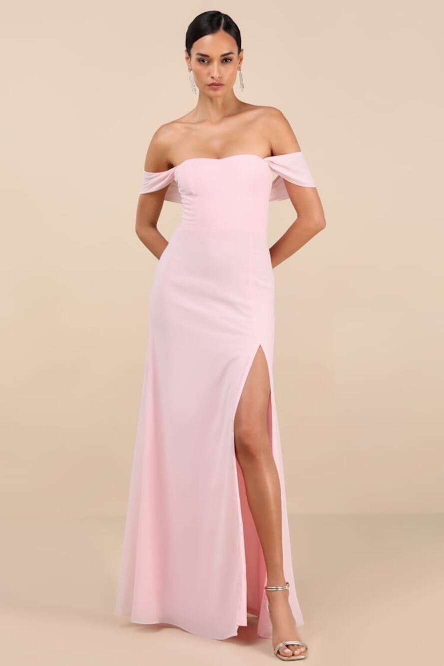 NWT Lulus Magical Magnetism Light Pink Off-the-Shoulder Maxi Dress Gala Size S